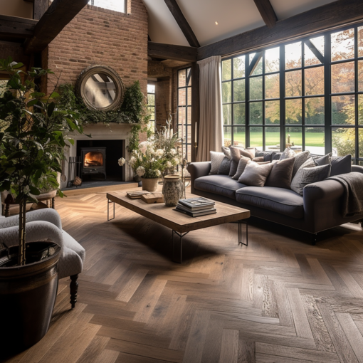 Fine Quality Engineered Oak Herringbone Parquet - Brushed Fumed and Oiled Finish 400mm x 100mm x 14/3mm available from Charlecotes Original Oak Flooring at Solstice Park Wiltshire. Nationwide Delivery